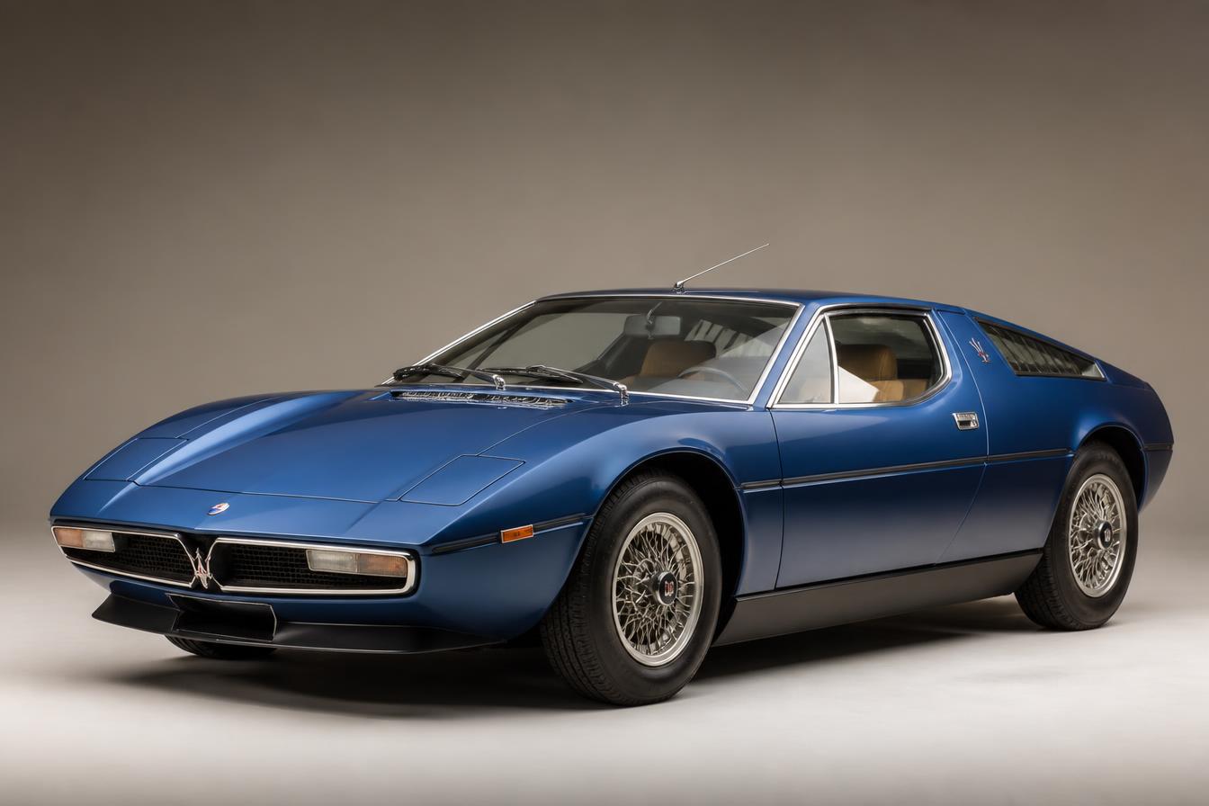 Blauwe Maserati Merak 2000 GT uit 1977