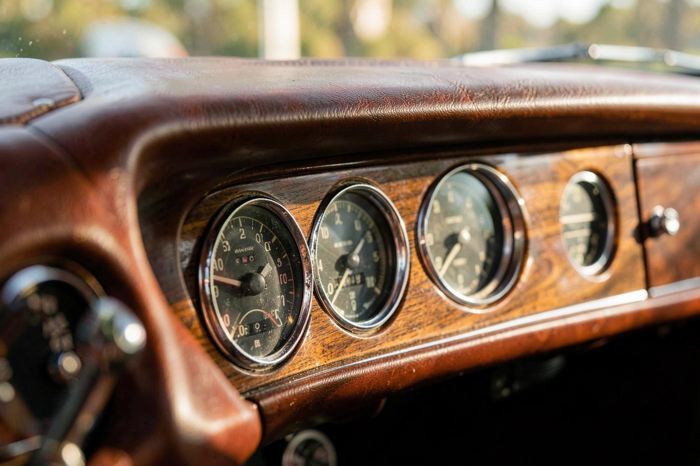 Gerestaureerd dashboard met chromen klokken