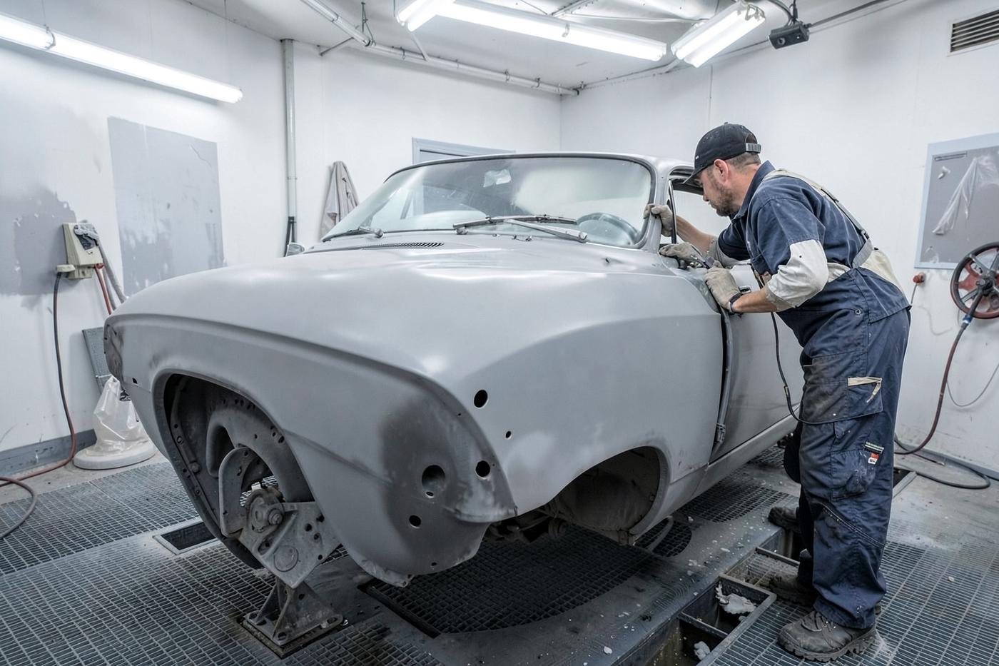 Carrosserie in primer in de spuitcabine